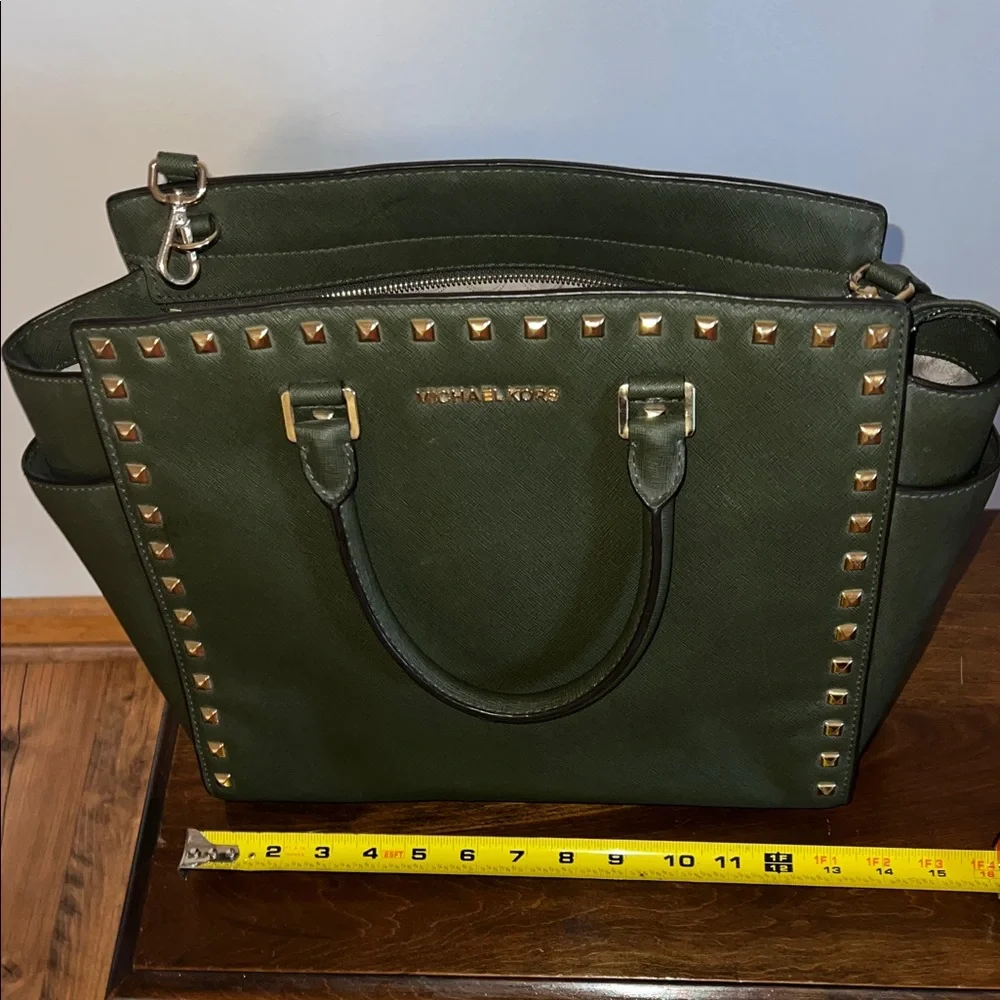 Michael Kors Dark Green Studded Satchel - Picture 7 of 9